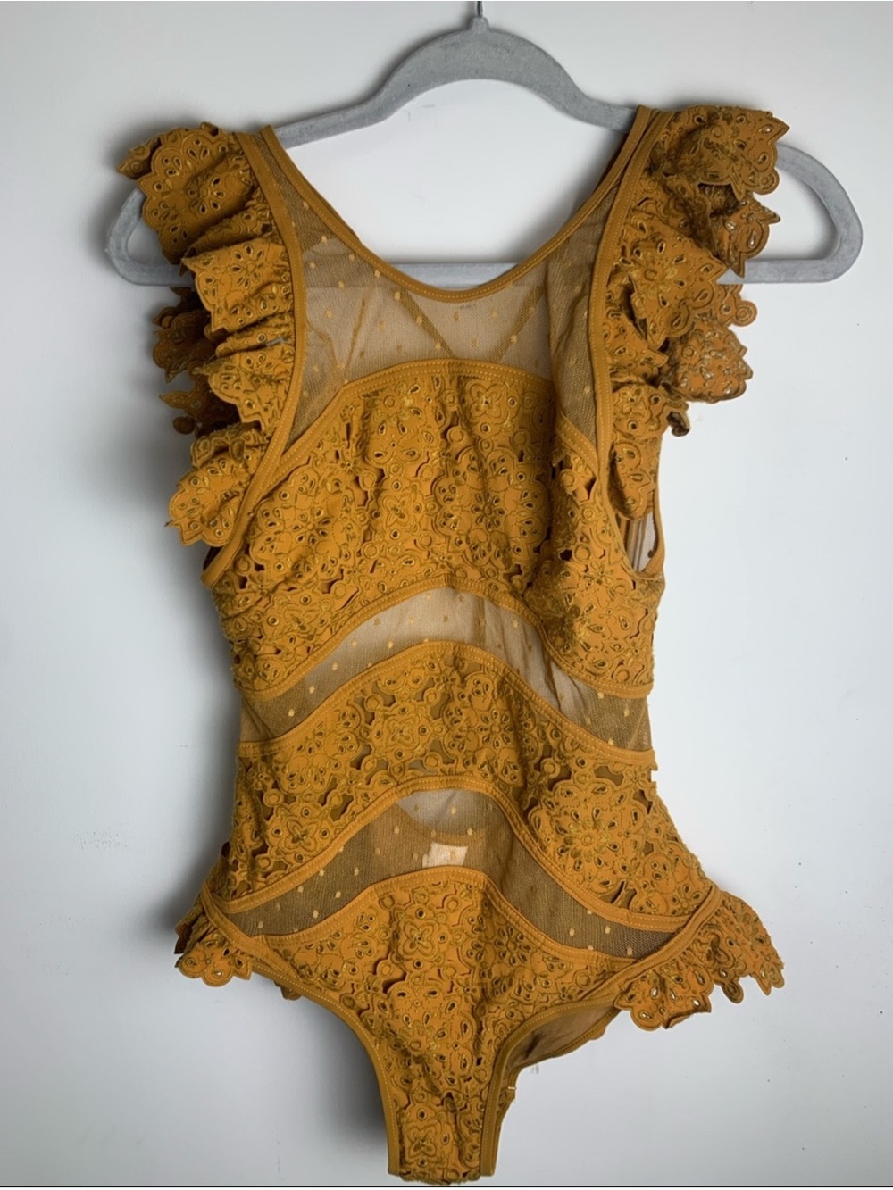 Zimmermann Mustard Eyelet Ruffle One-Piece Swimsuit